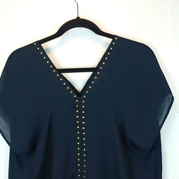 Michael Michael Kors Women  black V neck short sleeve top with gold studded trim - Picture 2 of 7